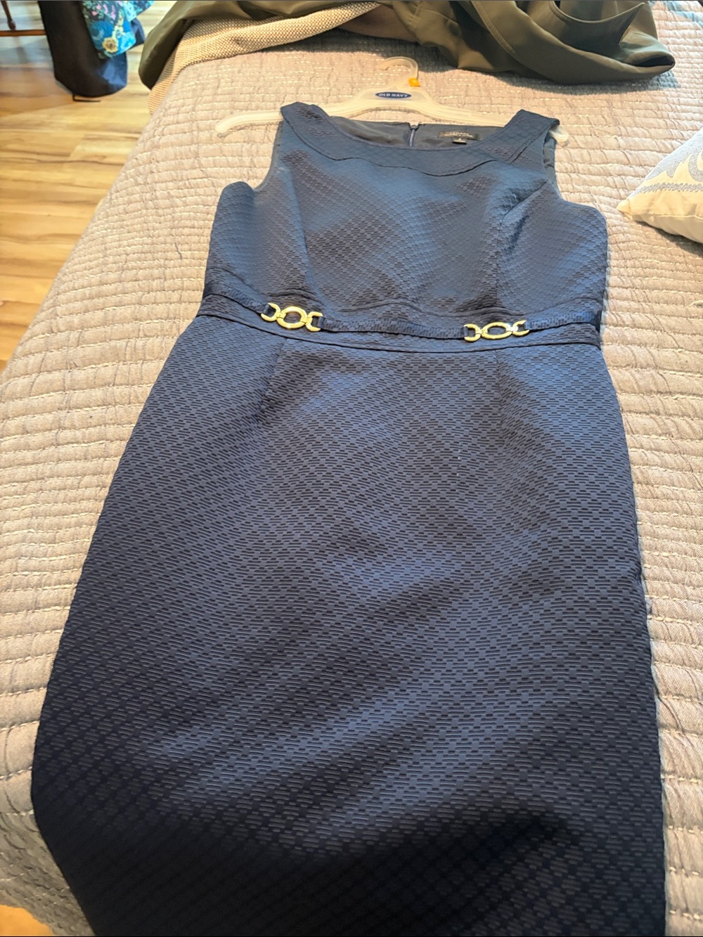 Tahari Navy Sheath Dress with Gold Belt Detail